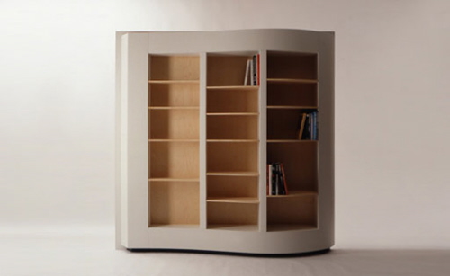 Этот стеллаж ближе к книжному шкафу. Оригинальныя округлая форма, оригинальной цветовое решение.