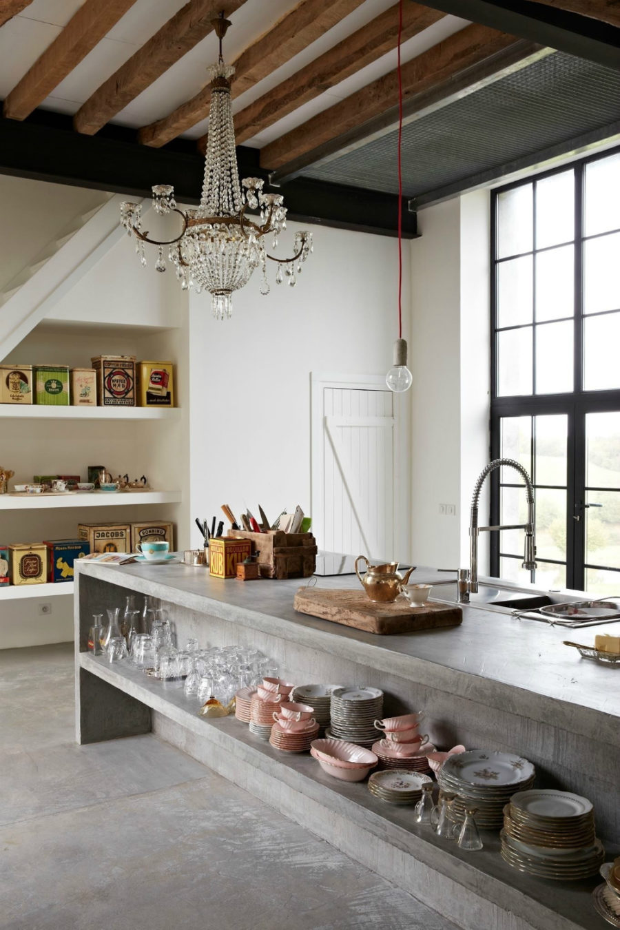 Concrete kitchen island open shelves
